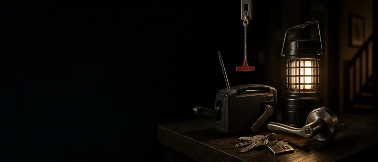 Klucze z breloczkiem, radio na korbkę, latarnia bateryjna, klamka i linka ręcznego zwolnienia bramy