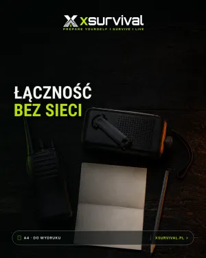 Okładka poradnika: radio analogowe, gwizdek, lustro sygnałowe, latarka i klucz telegraficzny
