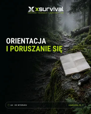 Okładka poradnika: kompas na mapie topograficznej, gwizdek i ołówek na mokrej skale
