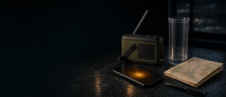 Radio awaryjne z korbką, telefon z alertem, papierowa mapa doliny rzeki i deszczomierz na mokrym blacie