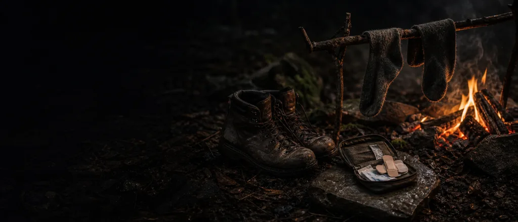 Zdjęte buty trekkingowe i suszące się skarpety przy ognisku