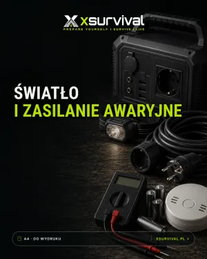 Okładka poradnika: stacja zasilania, czołówka, przedłużacz i baterie na ciemnym blacie